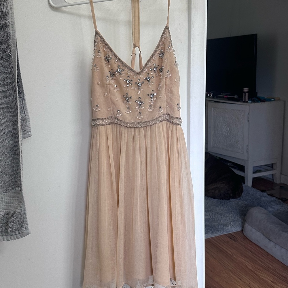Embellished Beige Spaghetti Strap Dress